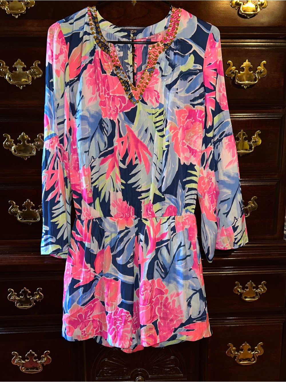 Lily Pulitzer Women’s Romper with Embellished V-Neck, Size Small